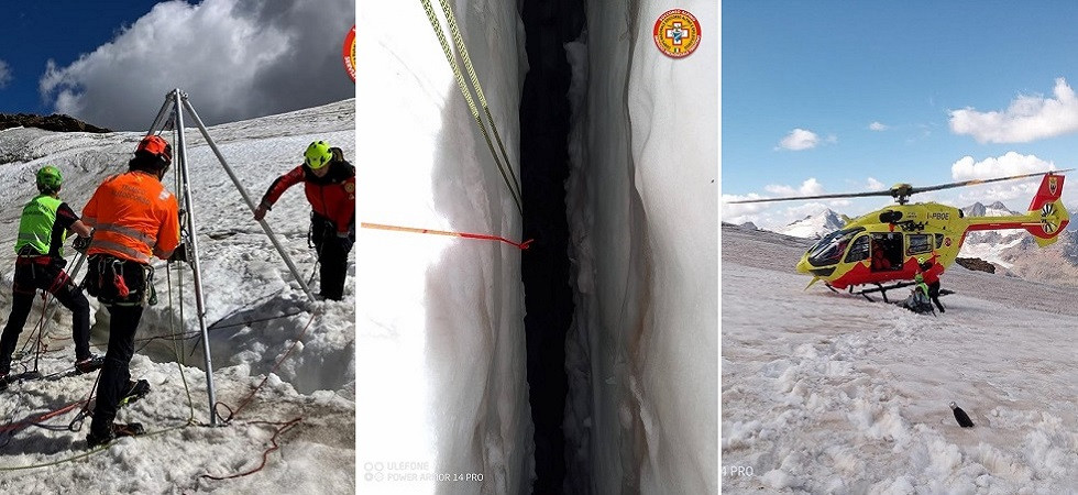 Alpinista precipita per 20 metri in un crepaccio, i soccorritori si calano per recuperarlo: le FOTO dell'intervento